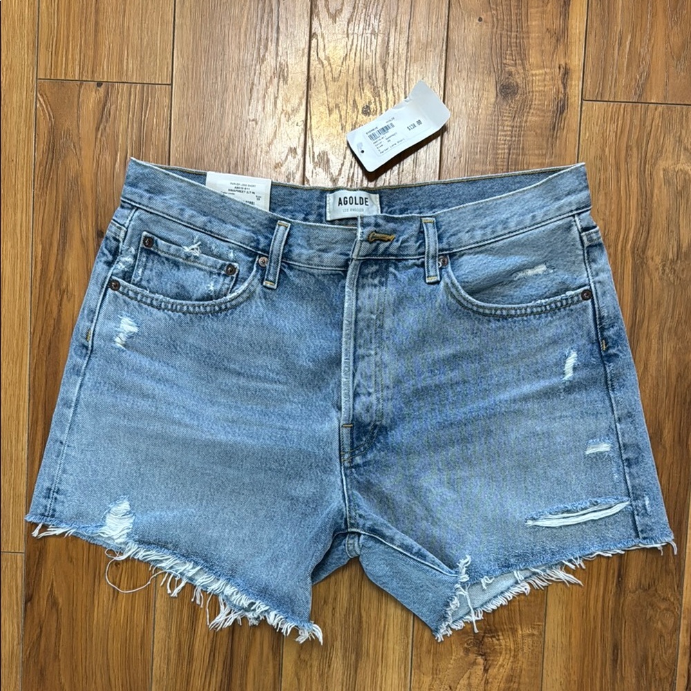 Agolde Light Blue Frayed Denim Shorts
